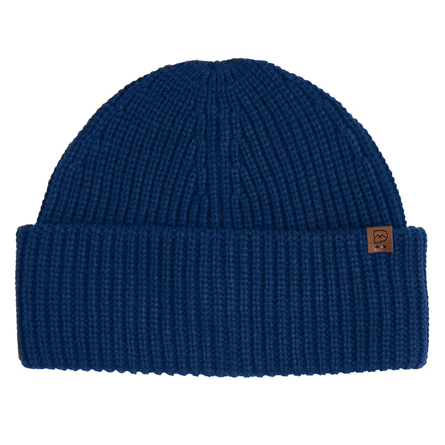 Strick Beanie mit Leder-Batch blau
